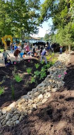 Pack 96 helps plant vegetation as part of a volunteer effort that helped them earn badges.