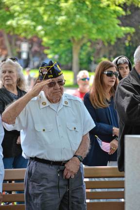 Photos: Memorial Day Parade in Newton Korean War veteran Jerry Sheard, 90, salutes the flag at the Memorial Day ceremony Monday, May 26 in Stanhope. He is a member of American Legion Musconetcong Post 278, which organized the ceremony. (Photo by Jane Primerano)