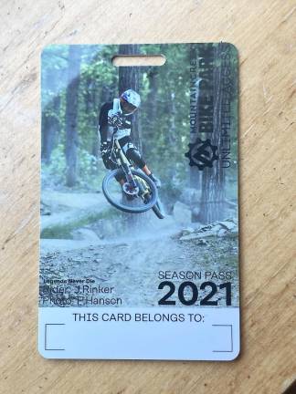 The Mountain Creek 2021 bike pass shows Jason Rinker in a photo taken by Paul Hanson