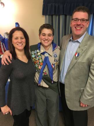 Eagle Scout recognized at court of honor Eagle Scout Brendan Karolchyk (center) of Troop 81, poses with his mother, Doreen Bedell, and his father, Scott Karolchyk, at his Eagle Court of Honor on January 8, at Harmony Lodge No. 8 in Andover Township.