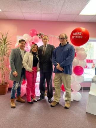 From left are Melvin Eduardo Giron Cheley, Marisol Ramirez Lopez, Deputy Mayor Ray Bonker and Mayor Alex Rubenstein at the opening of Grace Nails Salon on Route 206 in Byram Township. (Photo by Frank Ableson)