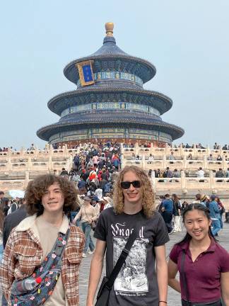 Students, teachers visit China CH1 From left, Brett Meyer, Grayson Petrie and Gianna Baron in front of the Temple of Heaven in Beijing. (Photo provided)