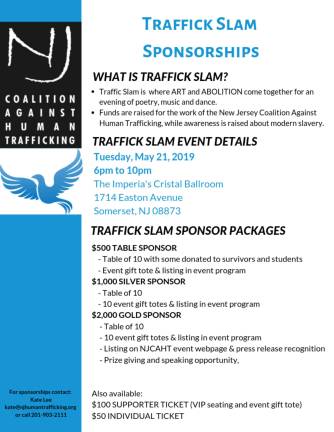 Traffic Slam's poetry & art call for abolition Traffick Slam in May will feature art, poetry, with an abolitionist theme. The event is sponsored by the NJ Coalition Against Human Trafficking.