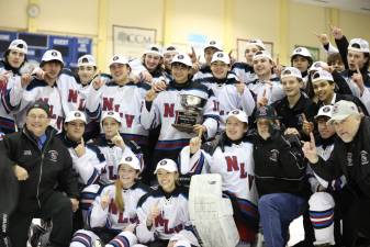 The Newton/Lenape Valley ice hockey team poses with the Charette Cup after defeating High Point, 7-3, on Wednesday, Feb. 14 at Mennen Arena in Morris Township. (Photos by Jay Vogel)