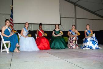 The six semifinalists for the Queen of the Fair Pageant. From left: Miss Hardyston Nicole Vergo; Miss Hampton Hannah MacMillan; Miss Frankford Angel Rosequist; Miss Vernon Blake Harrsch; Miss Franklin Carmella Limon; and Miss Wantage Emily Dunn photos by David Case