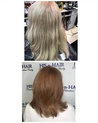 Before-and-after quarantine photos of a client at His n' Hair in Newton, N.J.