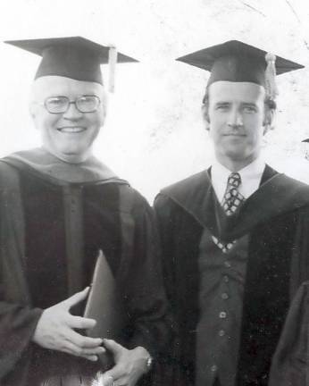 President-Elect Joseph R. Biden Jr. was the principal speaker at The University of Scranton’s undergraduate commencement ceremony in 1976. He is pictured with the Rev. William J. Byron, S.J., then-president of the university (news.scranton.edu)