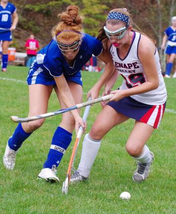Kittatinny outlasts Lenape Valley in OT Kittatinny's Erin Douglas and Lenape Valley's Bridget Togno challenge each other for control of the ball.