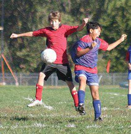 Bobby Artsma of Wantage, left, and Matt Stevens of Byram, compete for the ball during a game on Saturday. Lenape U13 gave up three goals to the visitors, High Point, during the first half. The locals reorganized their defense on the second half and kept H Bobby Artsma of Wantage, left, and Matt Stevens of Byram, compete for the ball during a game on Saturday. Lenape U13 gave up three goals to the visitors, High Point, during the first half. The locals reorganized their defense on the second half and kept H