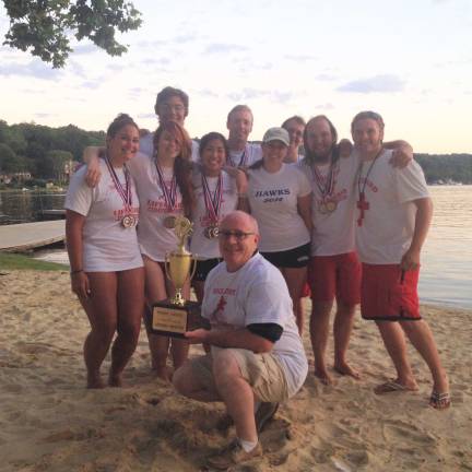 Fond memories of Lake Mohawk Pool LMP repeating as 2015 Champions of the Sussex County LifeGuard Competition. General Manager Greg Leo crouching in front.