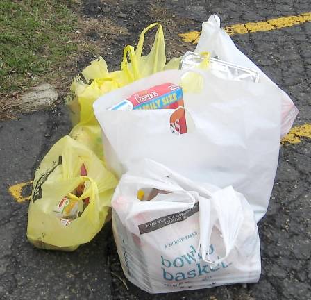 Bags of groceries for patrons of the food pantry at United Methodist Vernon Church.