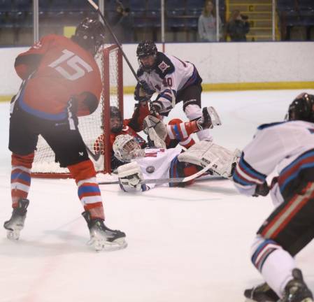 N/LV goalie Ryan Salerno manages to keep the puck out after a near goal.