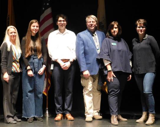 (L-R) Stacey Yauch of Picatinny Arsenal, Newton High School sophomore and student ambassador Abigail Nicholas, Matthew Richtmyer of Johnson &amp; Johnson, Newton High School technology teacher Jim Hofmann, Lorena Kirschner of the Girl Scouts of Northern New Jersey, and Audrey Wall from Thorlabs after the morning keynote session at the Women in STEM conference organized by Hofmann and held at Sussex County Community College on Thursday, Jan 9, 2020.