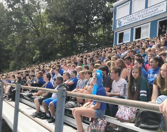 Making noise and wearing blue Students at Kittatinny Regional High School's first pep rally of the season.
