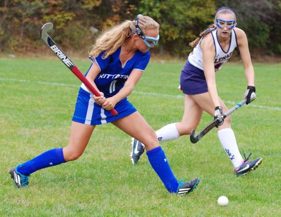 Kittatinny outlasts Lenape Valley in OT Kittatinny's Carlee Lehmkuhl in mid swing as Lenape Valley's Sarah Canfield keeps pace.