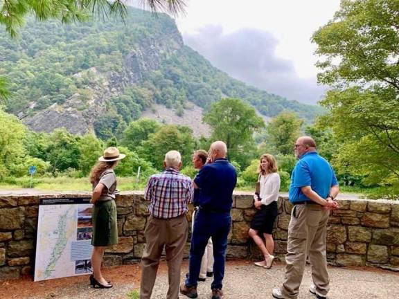 Congressman Gottheimer discusses I-80 S-curve safety with Hardwick Deputy Mayor Alfred Carrazzone, Hardwick Mayor Kevin Duffy, and Knowlton Mayor Adele Starrs.