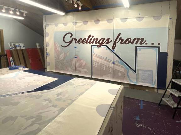 A section of the mural is set up in artist Caren Olmsted’s studio in Basking Ridge. (Photo by Caren Olmsted)