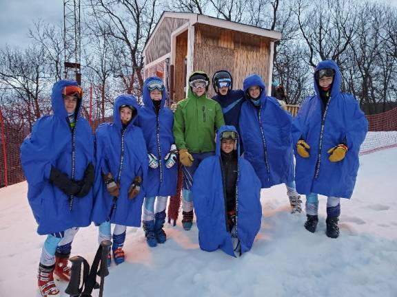 Sparta Ski Team at GS Race #3 (from left to right) Colin Kowalski, Jillian Stote, Cora Moriarty, Charlie Flint, Scott Wood, Emma Dyrsten, Connor McAndris &amp;.(front row) Kanna Pasunuri.