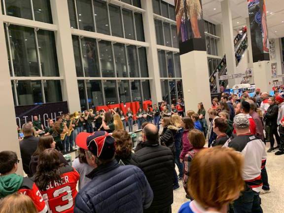 Marching Chiefs perform in the Prudential Center Lobby on Feb. 4, 2020.