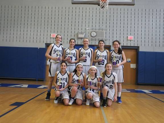 The Sparta team with their trophies as the Lafayette Amateur Athletics, Inc. Tournament Invitational champions. Back row from left; Brynn McCurry, Mason Munier, Shauna Ryan, Sofia Horowitz, Paige O'Connor. Front row from left; Rylee Munier, Olivia Romano, Ally Sweeney and Bailey Chapman. Alexa Acker was not present for photo. POhoto by Geokrge leroy Hunter