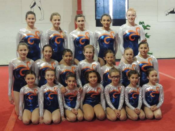 Giant Gymnastics' 3rd annual Gator Bowl Front Row: Shea Cina and Meghan Smith, of Sparta, Megan Ward, of Fredon, Jadyn DePaolo, of Wantage, Ciara Peselli, of Newton, Cameron Volpe, of Hampton and Katerina Hlywa, of Fredon. Second row: Tori Frisbie, of Sandyston, Dara DePaolo, of Wantage, Emily Rodriguez, of Stillwater, Marguerite Bysshe, of Sparta, Caroline Dietz, of Lafayette, Reese Abrams, of Sparta, Rebecca Rodriguez, of Stillwater. Back row: Morgyn Witt, of Newton, Audrey Biss, of Sparta, Kaitlin Peccia, of Lafayette, Gianna Macones, and Kelly Hurley, of Sparta.