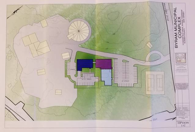 Public comment on bond ordinance has been extended On Monday, June 3 the Byram Township Council passed a resolution authorizing the Nader Group, LLC to begin the next phase of discussion about the new municipal complex. The design seen here, labeled 1C, is the preliminary design for the site. The public comment period regarding the related bond ordinance has been extended.
