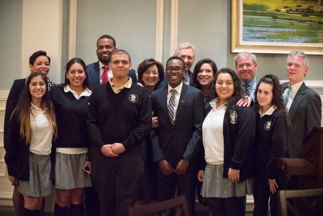 Annual Lawyers Dinner for Tri-County Scholarship Fund Front row, from left: Ashley Contreras(Paterson); Chrystal Donayre (Paterson); Kevin Arias (Paterson); Patricia O’Connor (New Vernon); DeAndre Tomlinson(Paterson); Hon. Esther Salas(Newark); Jennifer Mora-Amaya(Paterson); Genesis Perez (Paterson). Back row, from left: Shacara Delgado, Esq. (Morristown); Shavar Jeffries, Esq. (NewarK); Edward Deutsch, Esq. (Bernardsville); Jeffrey Chiesa, Esq. (Branchburg); and Timothy Duffy, Esq. (Califon).
