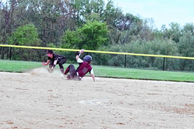 Braves beat Belvidere BR1 Newton High School softball player Jordyn Young (18) slides safe onto second base in the first inning of the game against Wallkill Valley on May 7. Young scored a run, and the Braves won, 4-0. (Photos by George Leroy Hunter)