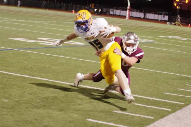 Newton, Sparta, Sussex Tech advance to semis in playoffs Lyndhurst ball carrier Matthew Jarvis is tackled by Newton defensive back Tommy Carroll in the first half.