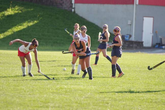 High Point tops LVRHS in field hockey opener The ball goes airborne after being struck by Lenape Valley Patriot Autumn Dachisen.
