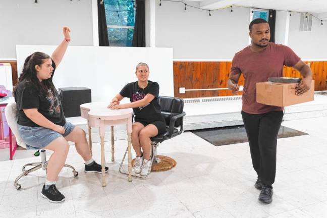 ‘Legally Blonde’ at SCCC through today <b>From left, Eliza Halteman as Paulette, Jenna Flake as Elle and Myles Williams as Kyle rehearse ‘Legally Blonde: The Musical.’</b>