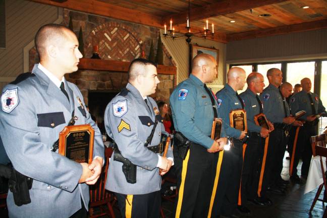 Officers from Andover Township Police (on left) and Byram Township Police receive Team Valor awards from 200 Club of Sussex County. PHOTOS BY ROSE SGARLATO