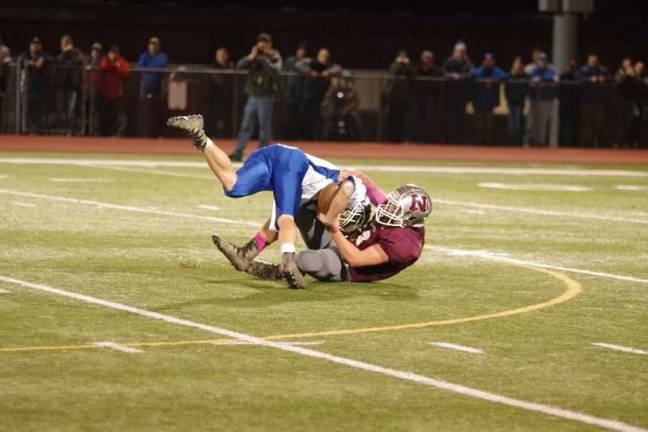 Braves defeat Kittatinny 28-17 Newton defensive tackle James Harding takes down Kittatinny ball carrier Austin Seames in the first half. Harding accomplished five tackles and one sack.