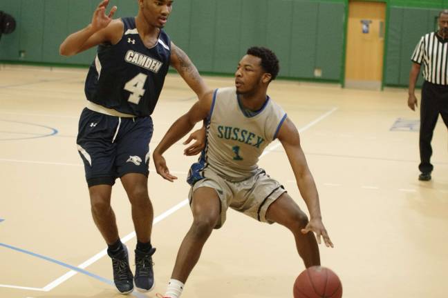 Camden downs Sussex in men's hoops Sussex County's Samir Wheeler with the ball. Wheeler scored seven points and blocked one shot.