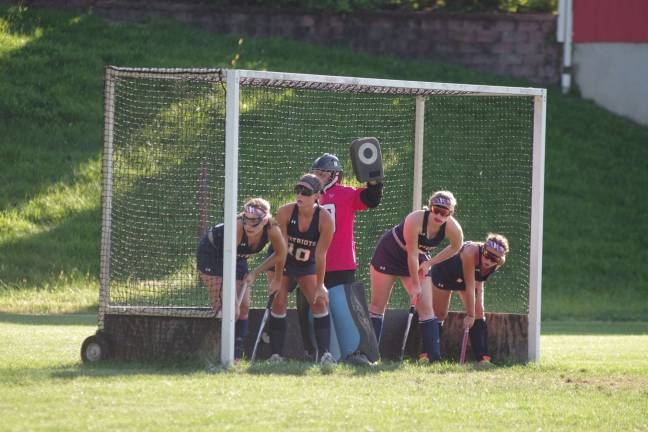 High Point tops LVRHS in field hockey opener Lenape Valley Patriots wait inside their goal post for the ball to be put in play.