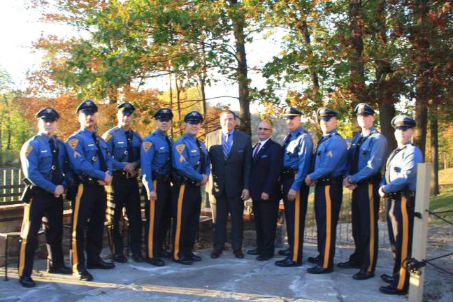 Present and past officers of the New Jersey State Police at 200 Club of Sussex County Awards Ceremony at Mohawk House. (Trustees of 200 Club &amp; retired state police Pat Aramini &amp; John Giraci in suits)