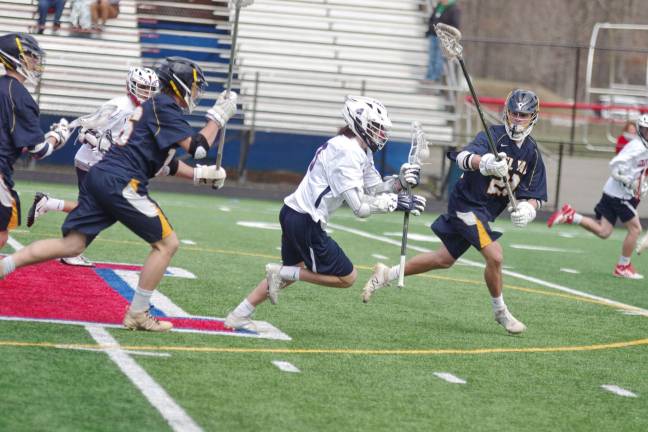 Lenape Valley falls in boys lacrosse Lenape Valley's Drew Togno carries the ball up the field. Togno scored three goals.