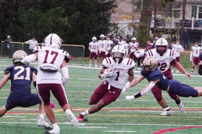 Newton, Sparta, Sussex Tech lose in semis Don Bosco ball carrier Logan Bush finds an opening.