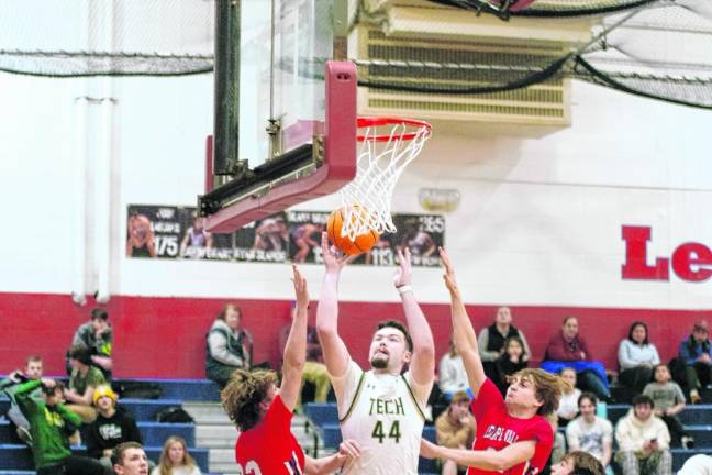 Sussex Tech's Dane Walker (44) releases the ball during a shot. He scored four points and made three assists in the game against Lenape Valley on Friday, Feb. 16. Sussex Tech won, 52-39. (Photos by George Leroy Hunter)