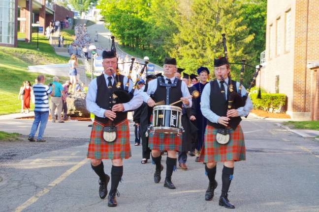 Hats off to SCCC Class of 2017 Gaelic Pipe Band of Kearny members Michael McGonigal, Joe McGonigal and Sean McGonigal lead the procession of faculty and soon-to-be-graduates.