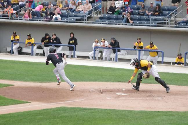 Miners bury Jackals on the diamond In the second inning, Jackals Connor Hofmann runs for first base as Miners catcher Luis Alen reaches for the ball. Hofmann was tossed out at first base.