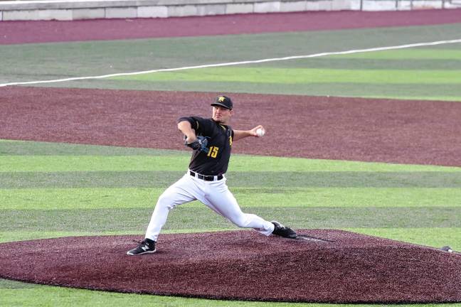 Miners lead division <b>Sussex County Miners pitcher Jackson Balzan on the mound. He pitched for eight innings, producing nine strikeouts. </b>