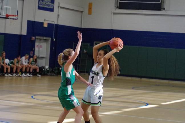 Sussex County's Jeyleen Joaquin handles the ball while covered by Ocean County's Alexandra Toth in the third quarter.