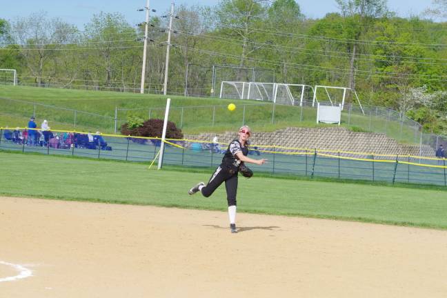 Wallkill Valley shortstop Jade Deaver throws to first.