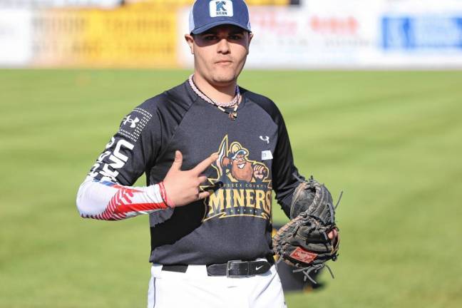 Christian Malgieri, a senior at Westfield High School, wears a homemade Miners jersey for the tryout.