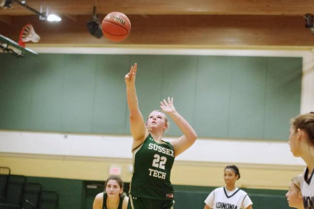 Sussex Tech's Mackenzie Reilly releases the ball from the foul line in the game against Koinonia. She scored seven points and grabbed 16 rebounds.