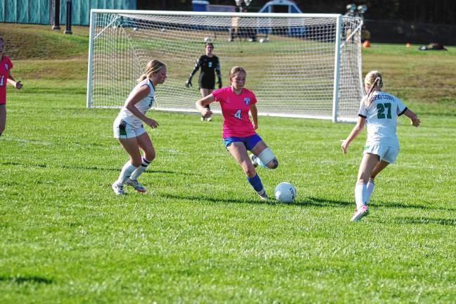 Sports roundup: Cougars topple Wildcats, 4-0 Kittatinny's Grace Nelson (4) steers the ball between two Hopatcong defenders. She scored one goal.