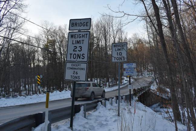 The bridge with the worst rating in the county is a 67-foot concrete span that straddles Pike and Wayne counties over the Wallenpaupack Creek. Built in 1955, its rating fell to poor in 2017 and is now “critical.” (Photo by Becca Tucker)