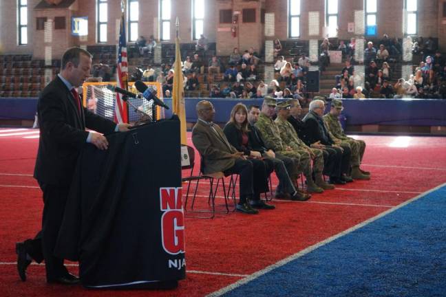 Congressman Gottheimer addresses New Jersey Army National Guard members as they return home from deployment.