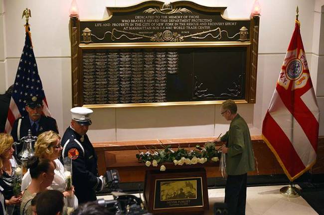 Ground Zero firefighter memorialized Sept. 6, 2016 ceremony at FDNY headquarters in Brooklyn, adding the names of James Costello and 16 others to the World Trade Center Memorial Wall